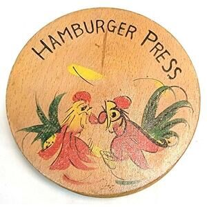 Vintage Chicken Hamburger Burger Press Wooden Hand Painted Fighting Rooster